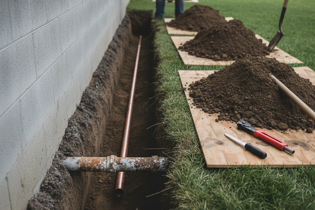 Excavated water line trench during Water Heater Repair in Peak